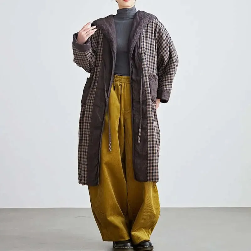 Linen Plaid Hooded Cotton Robe for Women