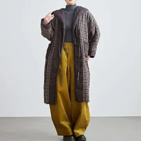 Linen Plaid Hooded Cotton Robe for Women