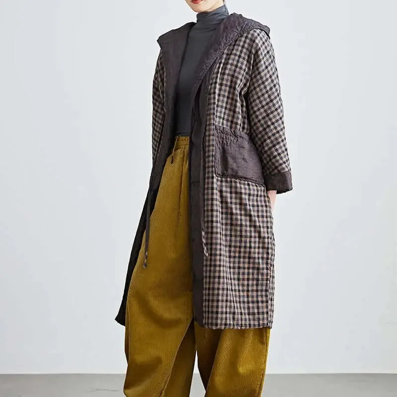 Linen Plaid Hooded Cotton Robe for Women