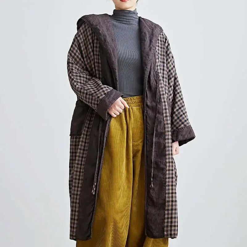 Linen Plaid Hooded Cotton Robe for Women