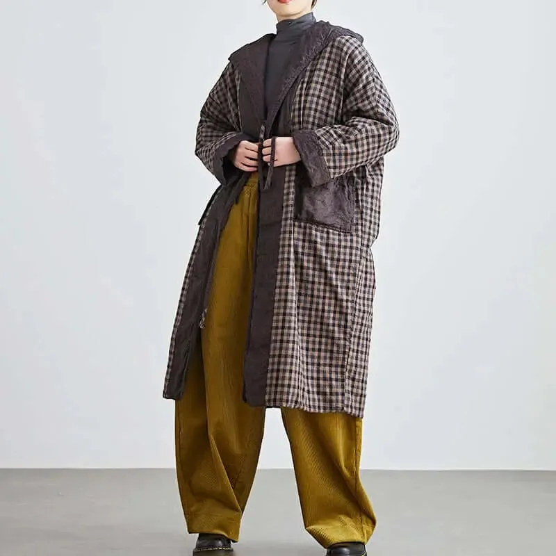 Linen Plaid Hooded Cotton Robe for Women