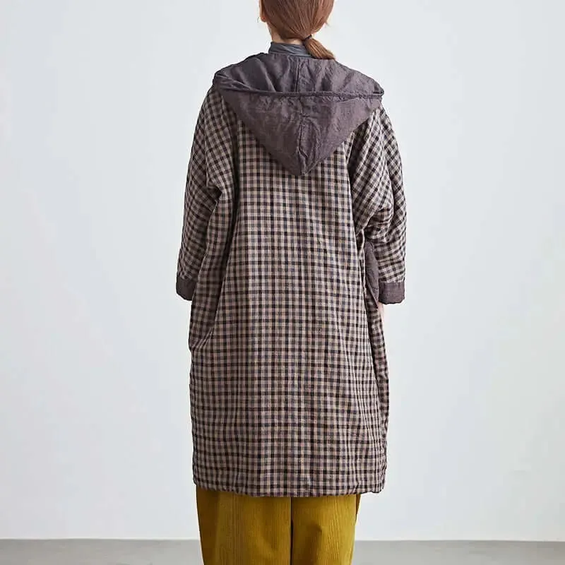 Linen Plaid Hooded Cotton Robe for Women