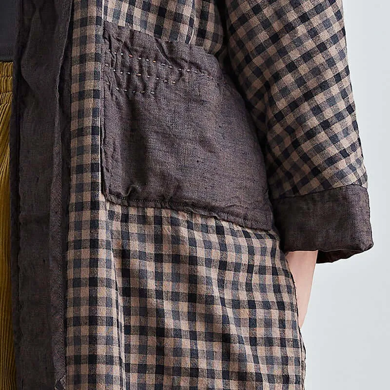 Linen Plaid Hooded Cotton Robe for Women