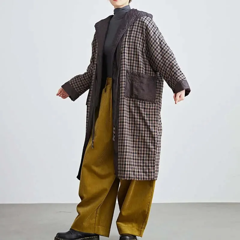 Linen Plaid Hooded Cotton Robe for Women