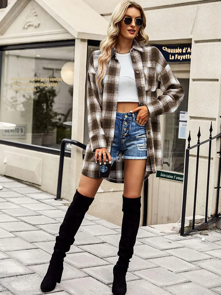 Long Sleeve Plaid Print Button Coats