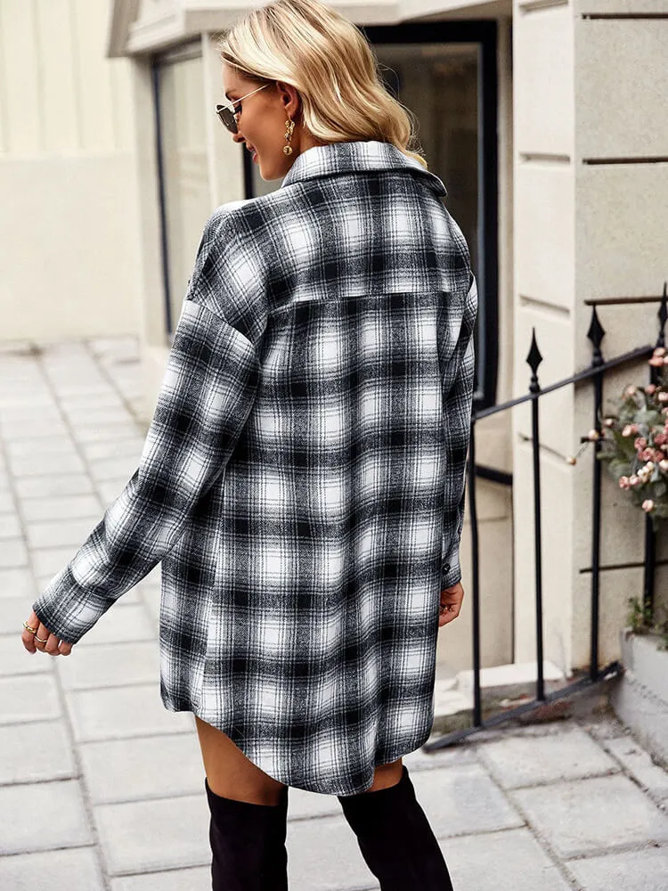 Long Sleeve Plaid Print Button Coats