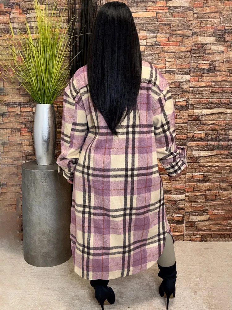 Long Sleeves Plaid Print Long Coats