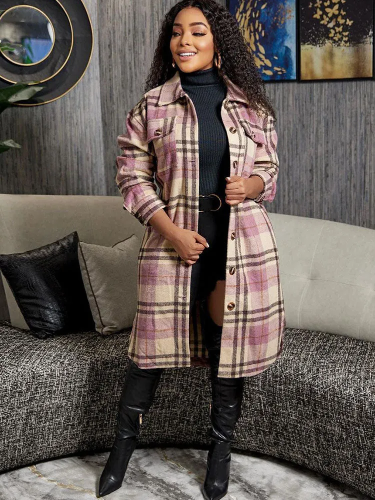 Long Sleeves Plaid Print Long Coats