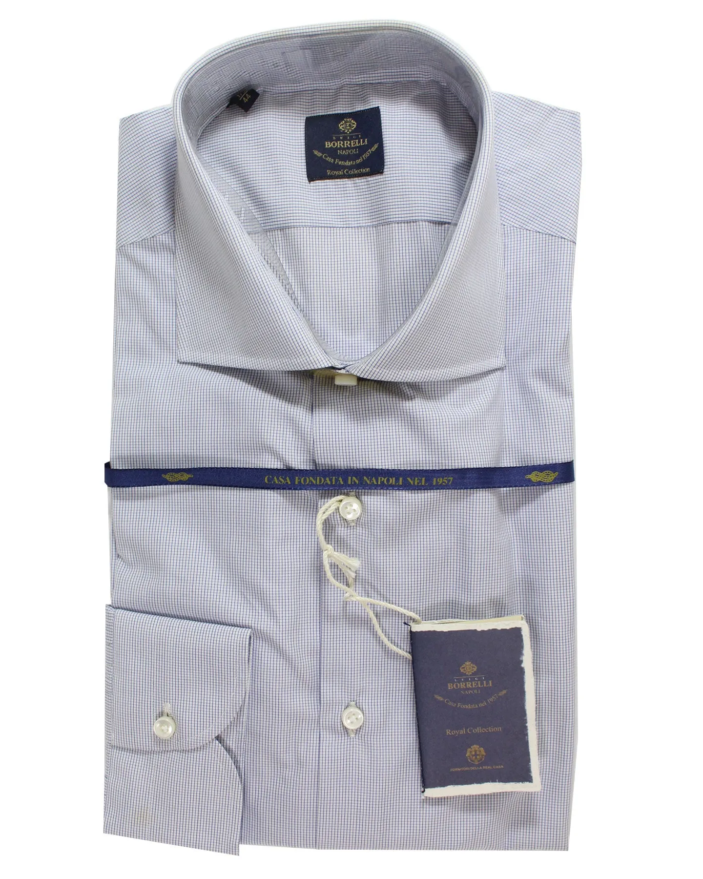 Luigi Borrelli Dress Shirt White Navy Mini Check 44 - 17 1/2 Royal Collection