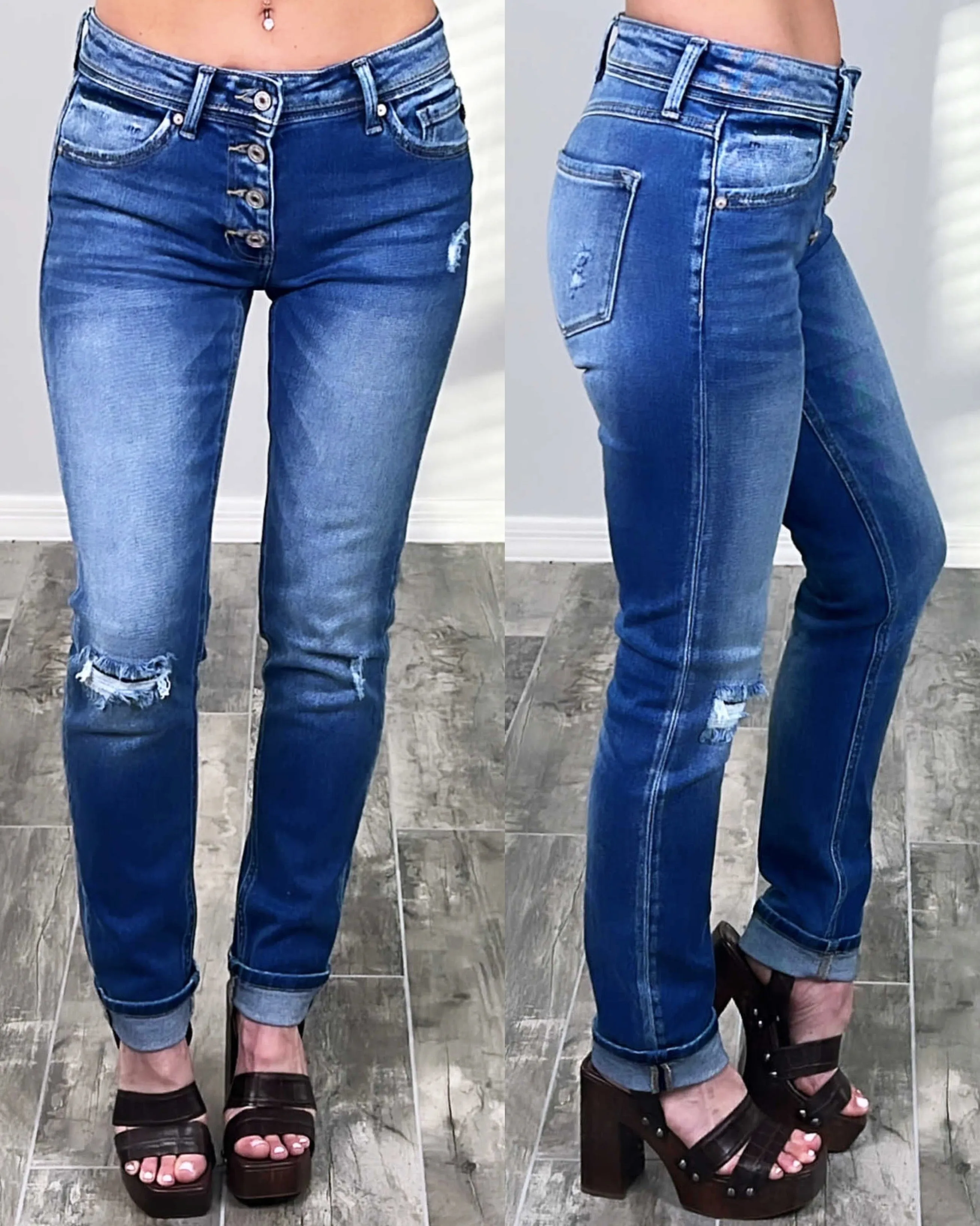 Maci Button Front Distressed Jeans