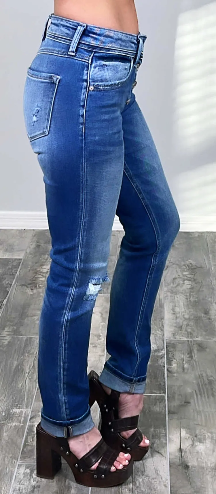 Maci Button Front Distressed Jeans