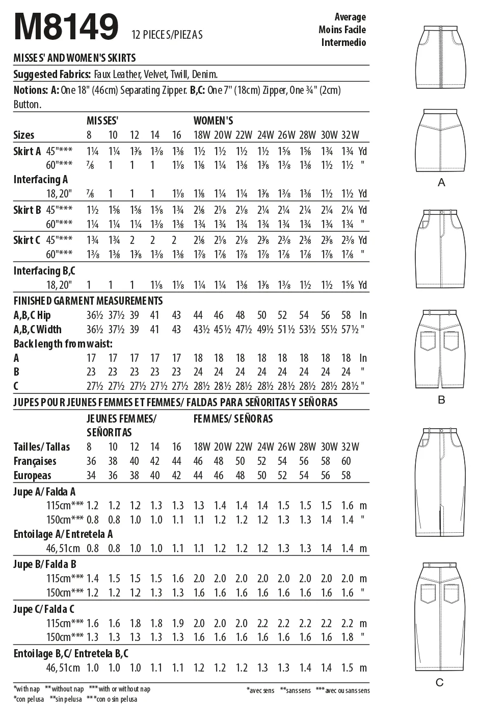 McCalls Sewing Pattern 8149 Misses' and Women's Skirts