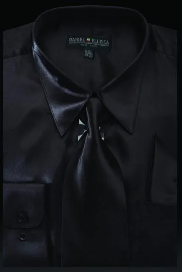 Men's Black Satin Dress Shirt with Tie & Handkerchief