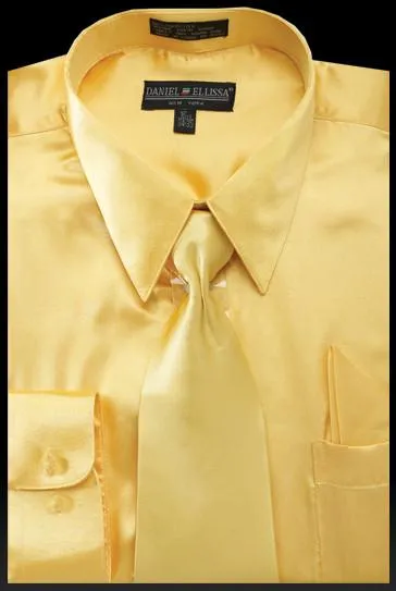 Men's Light Gold Satin Dress Shirt with Tie & Handkerchief