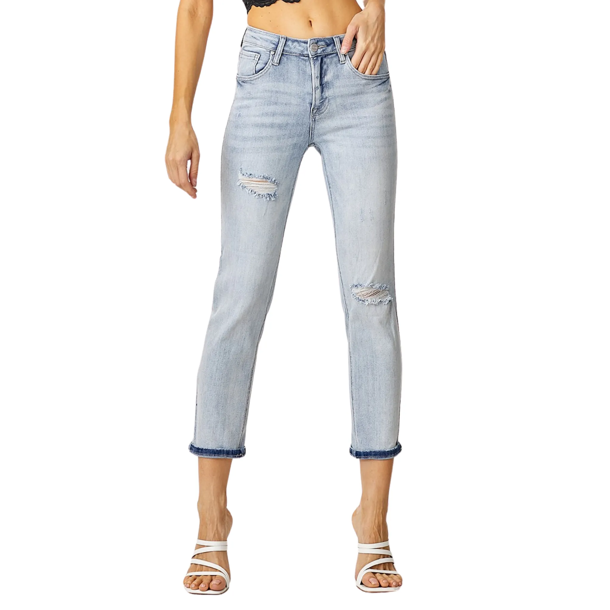 Mid Rise Cropped Girlfriend Jeans