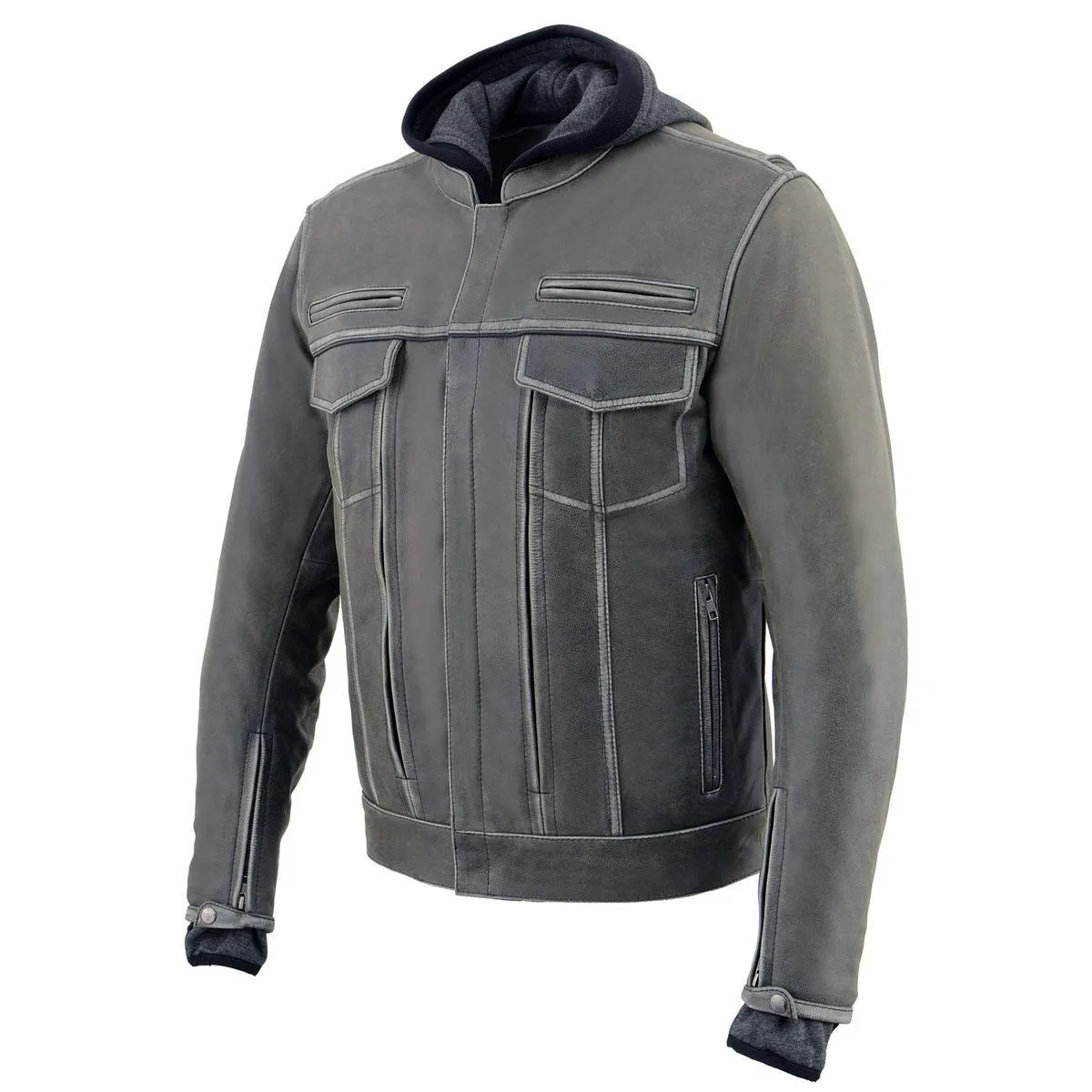 Milwaukee Leather MLM1539 Men's Distressed Grey Leather ‘Utility Pocket’ Vented Jacket with Removable Hoodie