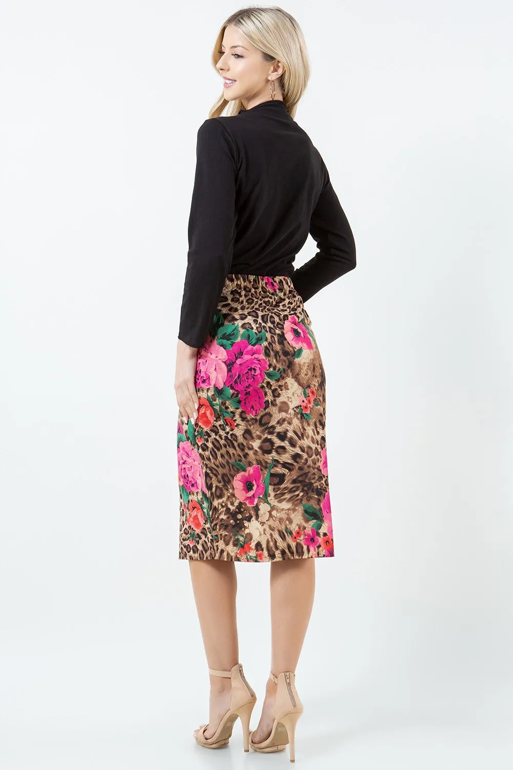 Miss Amy Pencil Skirt (Regular & Plus)- Leopard & Roses