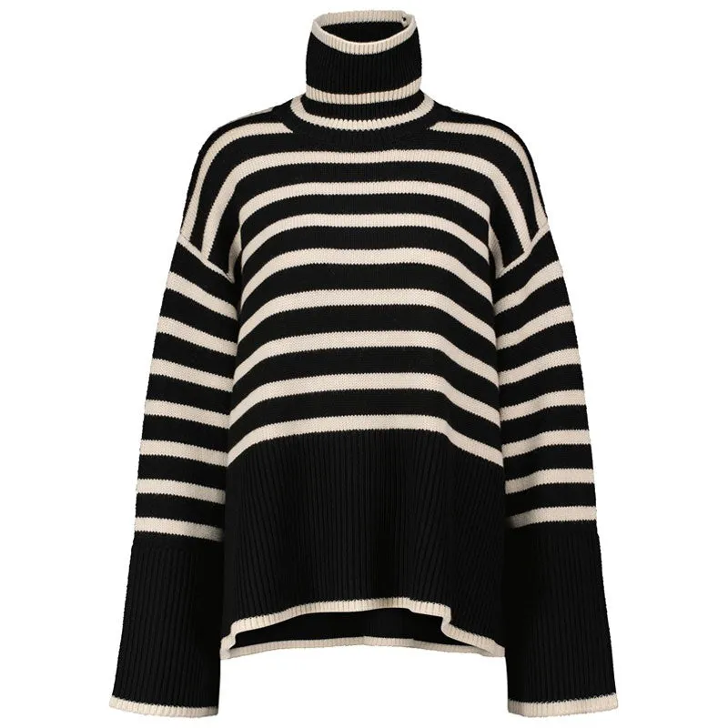 Oversized Turtleneck Bell Sleeve Breton Stripe Slit Knit Sweater