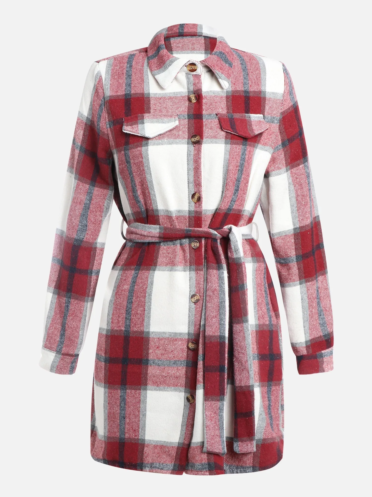 Plaid Strapped Woolen Coat Dress (Maroon Red)