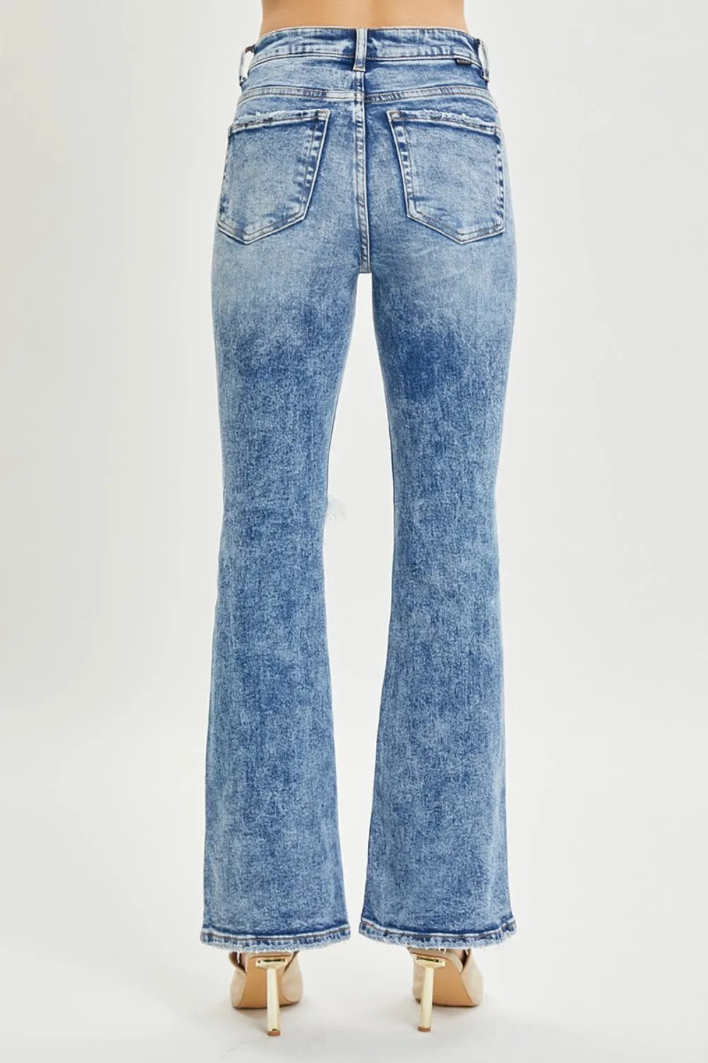 RISEN High Waisted Distressed Blue Denim Flared Leg Jeans