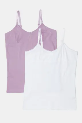 Senior Girls White And Purple Solid Vest Set (Pack of 2)