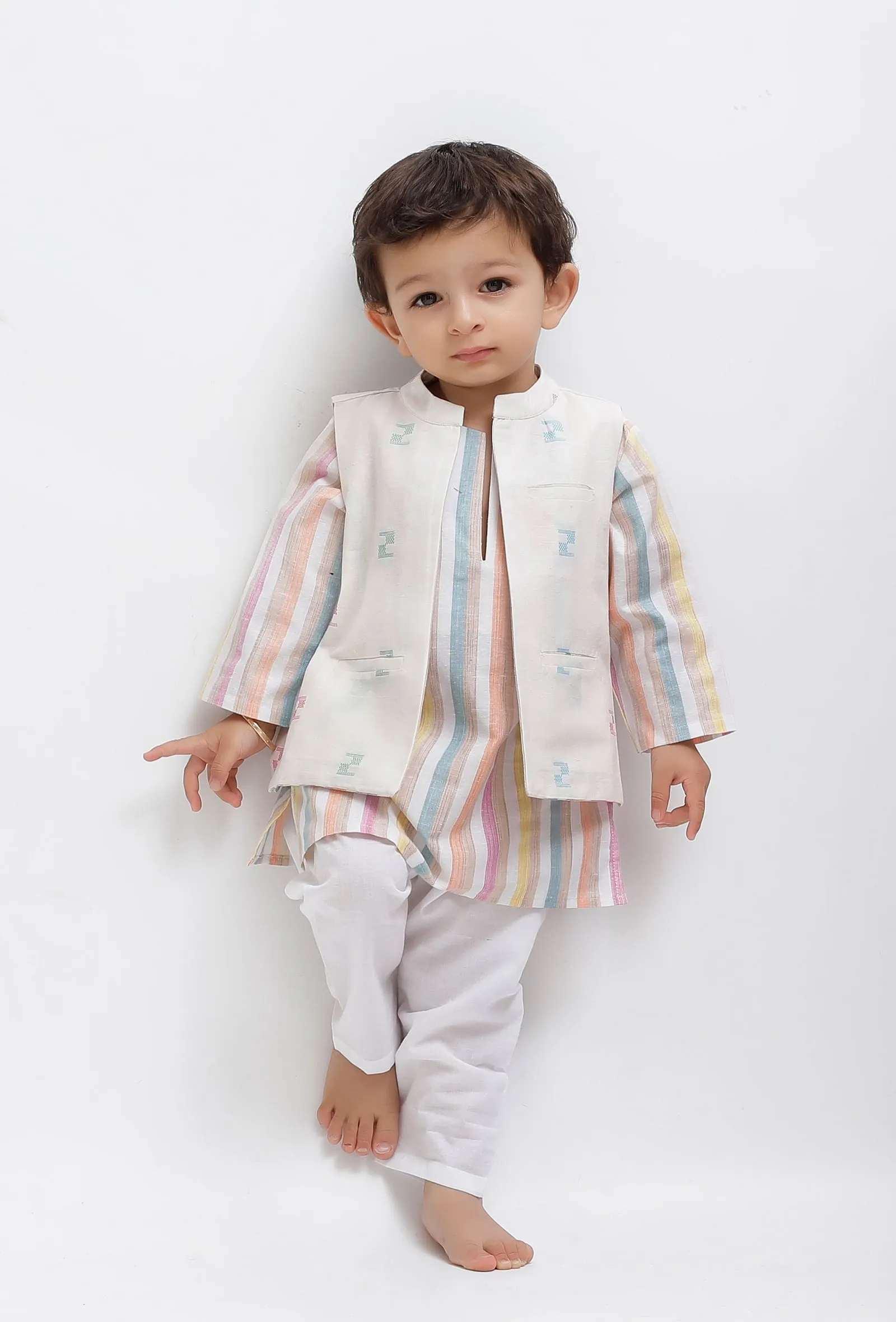 Set Of 3:  White Striped Kurta and White Pant with White Dobby Nehru Jacket