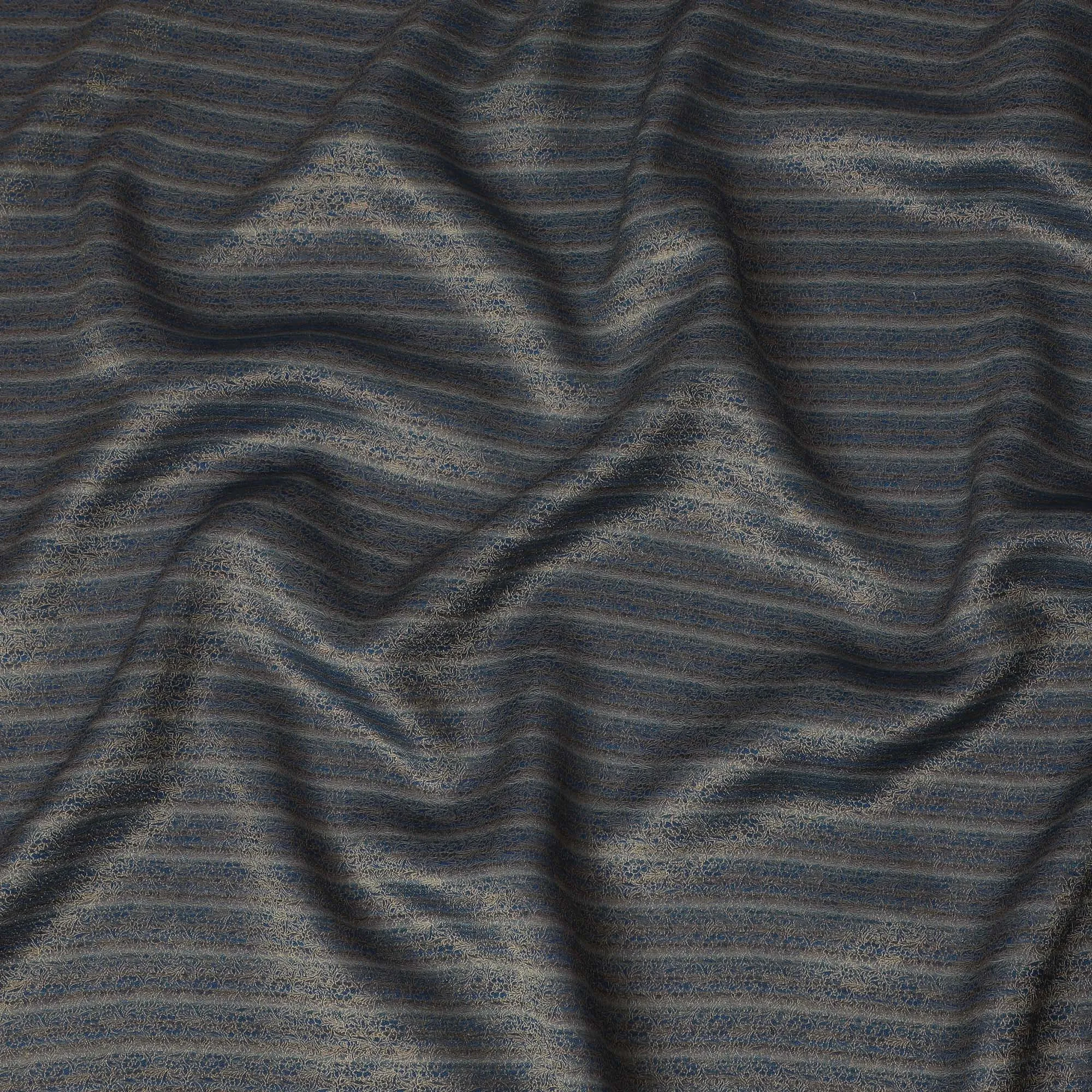 Silk Brocade Fabric with Navy Blue and Gold Striped Design, 110 cm Width, Indian Origin-D19763