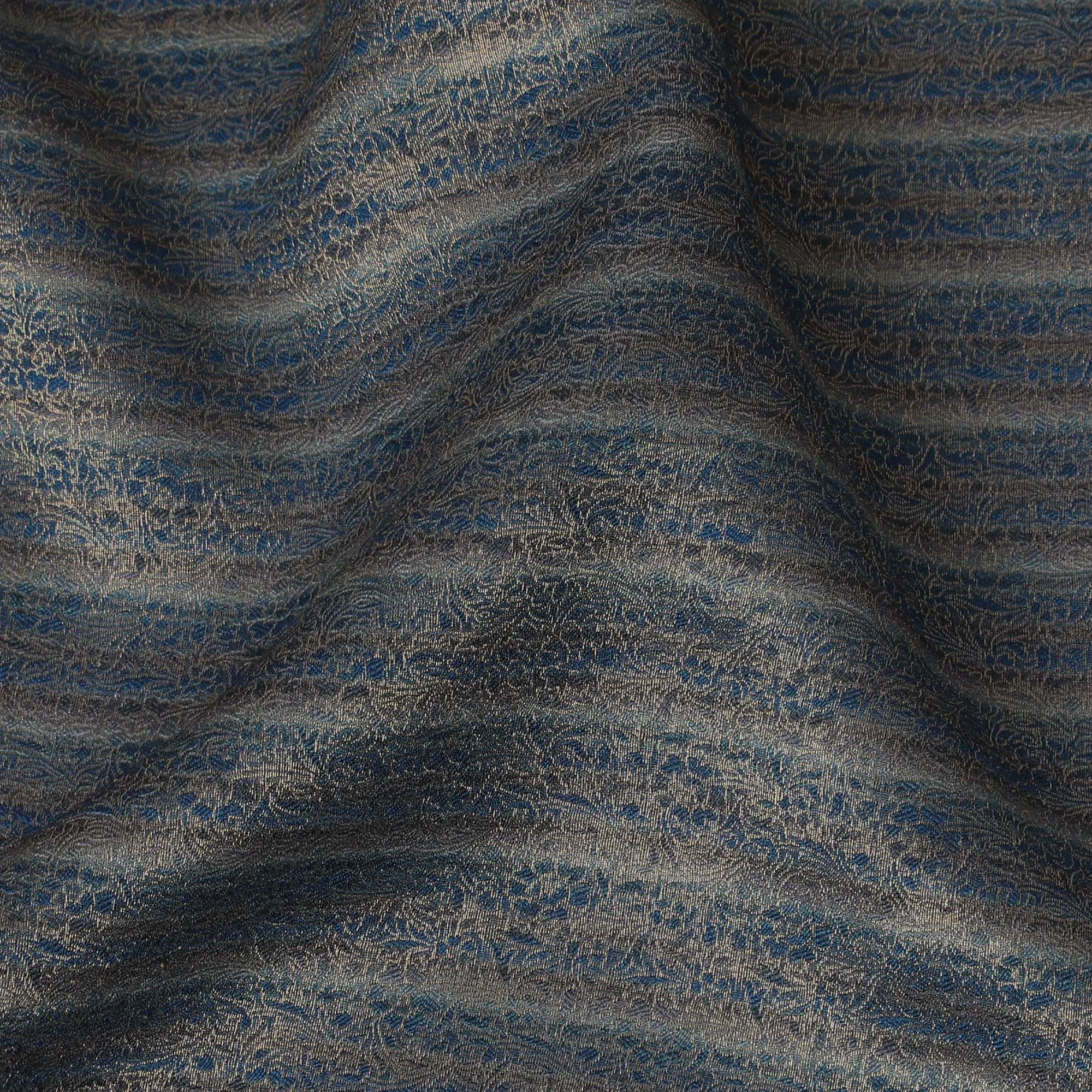 Silk Brocade Fabric with Navy Blue and Gold Striped Design, 110 cm Width, Indian Origin-D19763