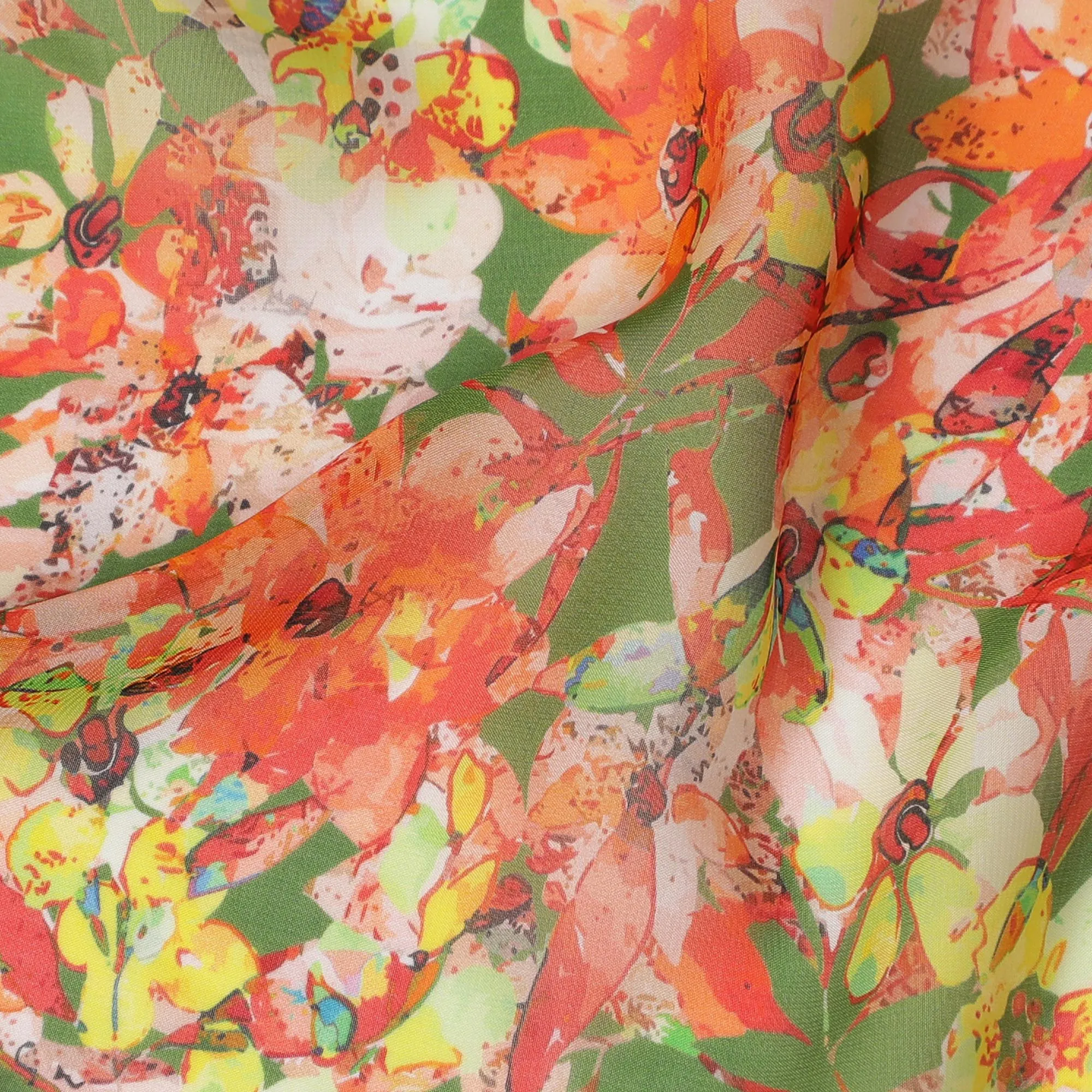 Spring Green Synthetic Chiffon Fabric with Vibrant Red Floral Print, 140 cm Wide-D19109