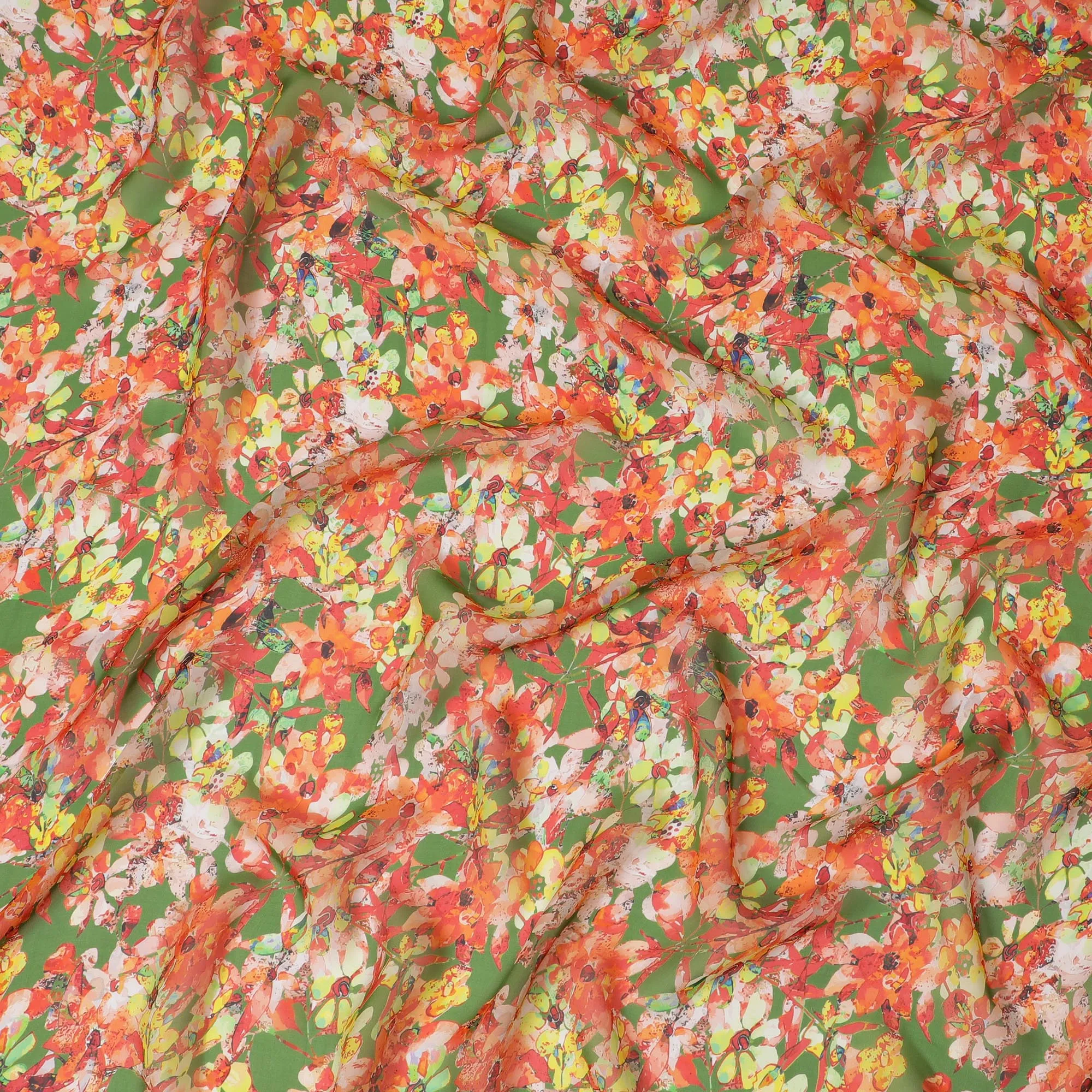 Spring Green Synthetic Chiffon Fabric with Vibrant Red Floral Print, 140 cm Wide-D19109