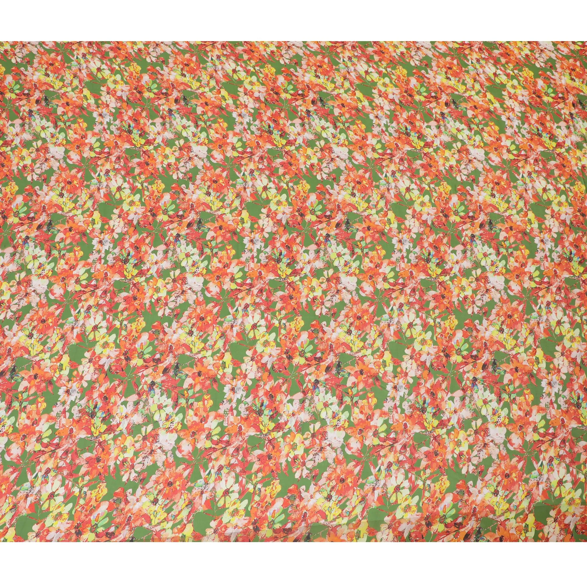 Spring Green Synthetic Chiffon Fabric with Vibrant Red Floral Print, 140 cm Wide-D19109