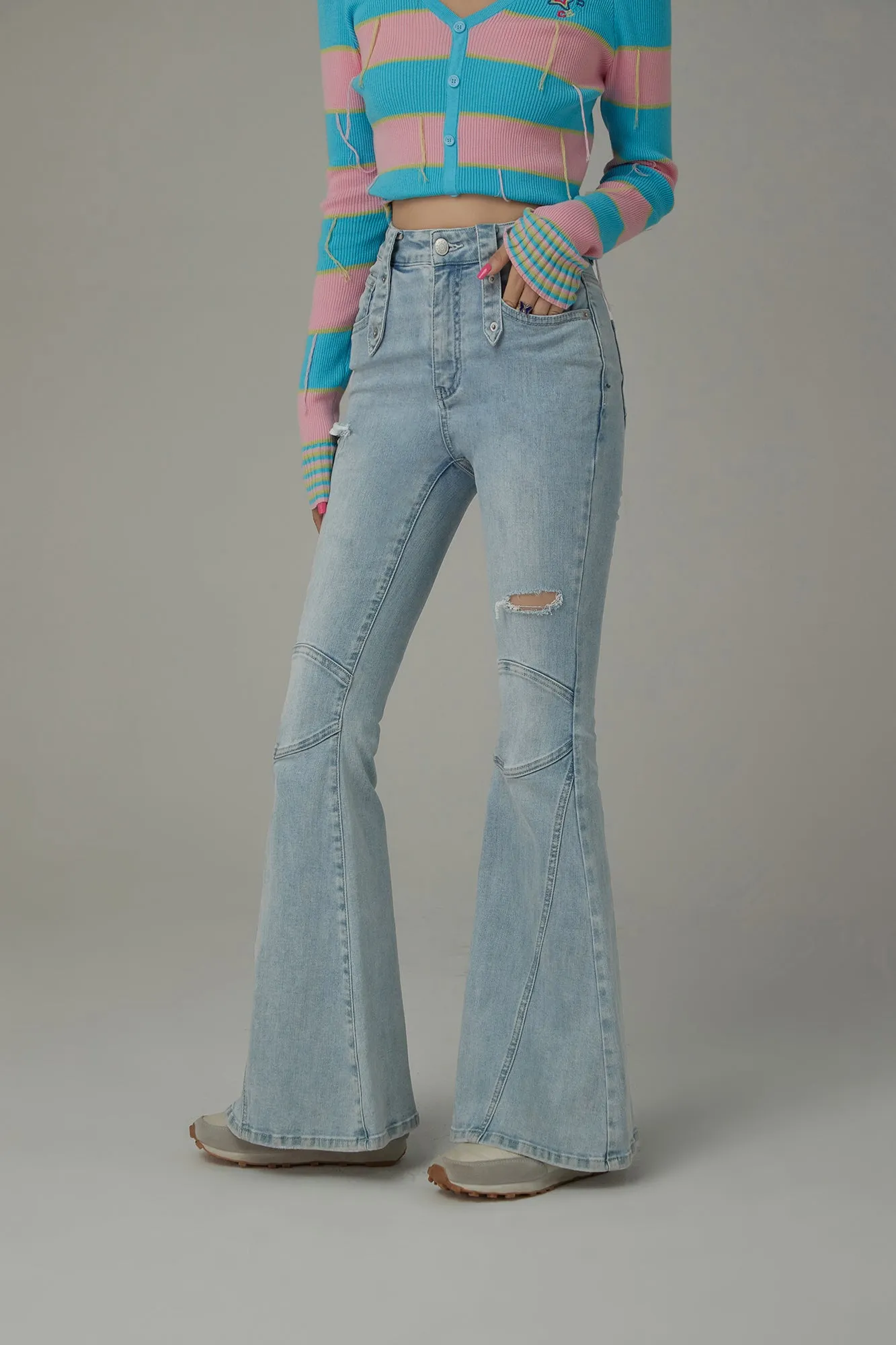 Stitch Distressed Bootcut Denim Jeans