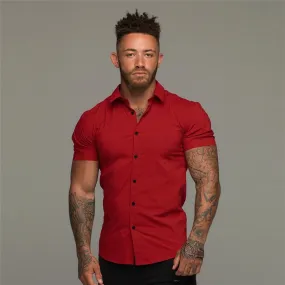 Summer Fashion Short Sleeve Shirt Men Solid Super Slim Fit Male Social Business Dress Shirt Brand Men Gym Fitness Sport Clothing