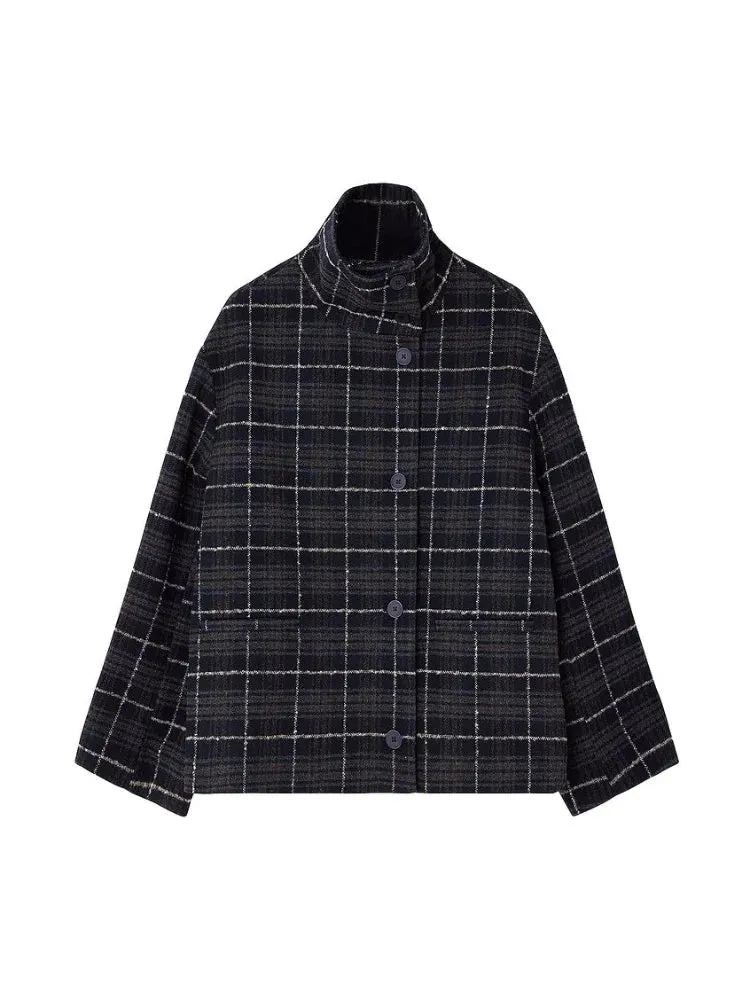 TAVIMART  -  Fashion Stand Collar Women's Oversized Plaid Short Jacket Elegant Single Breasted Cropped Casual Coat Lady Christmas Coats