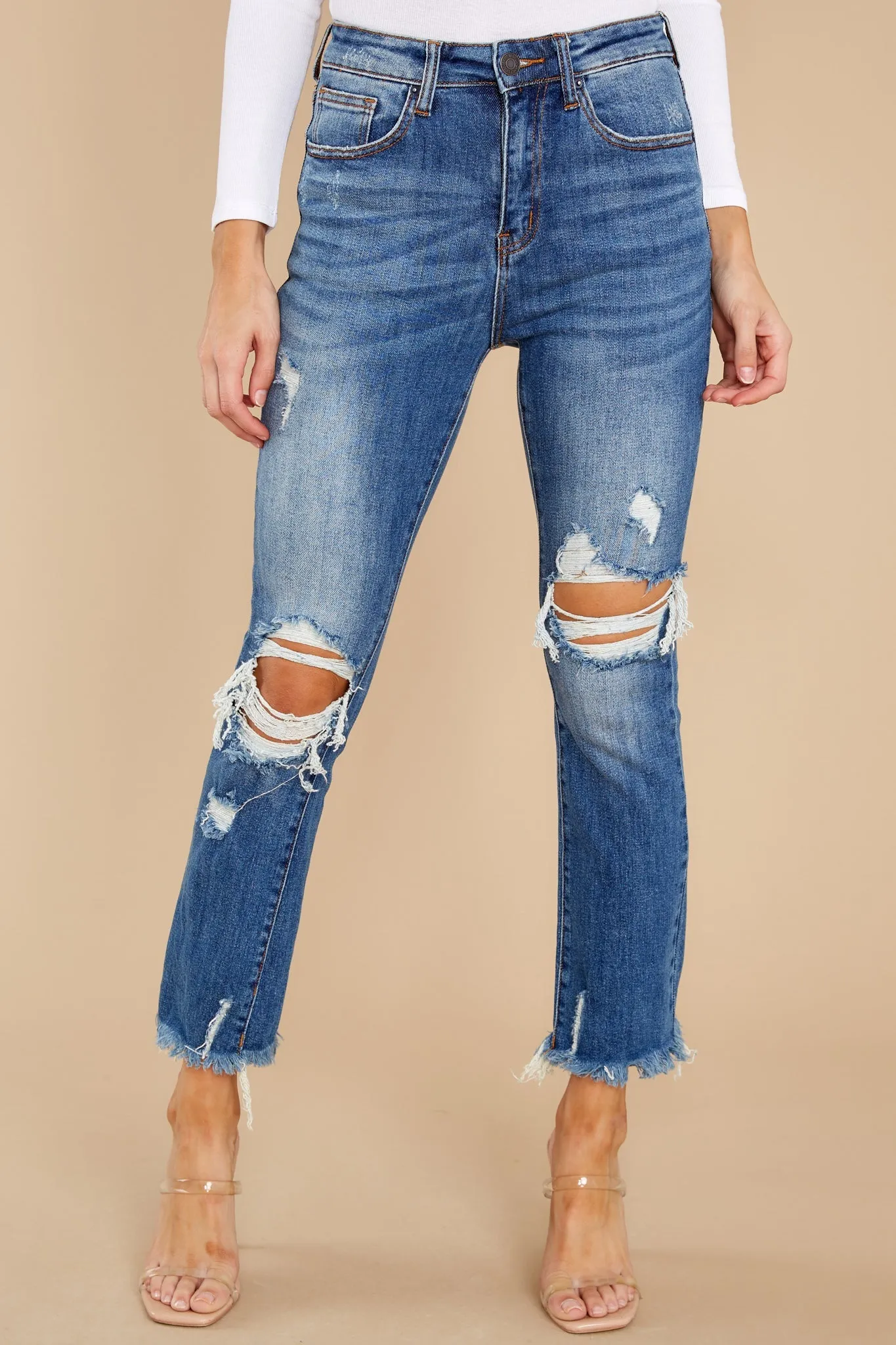 Treat Yourself Medium Wash Distressed Straight Jeans