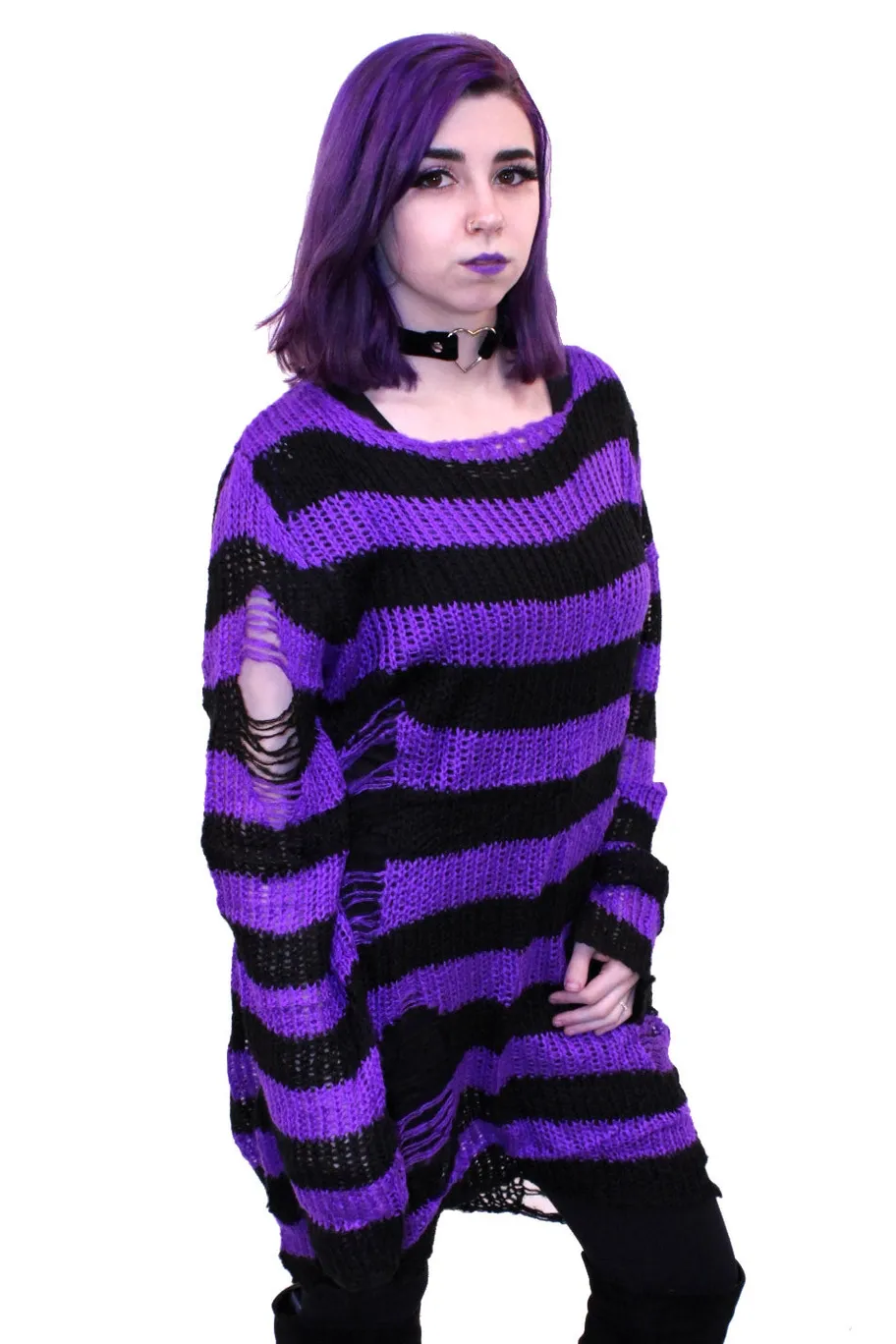 Unisex Purple & Black Striped Distressed Sweater by VampireFreaks