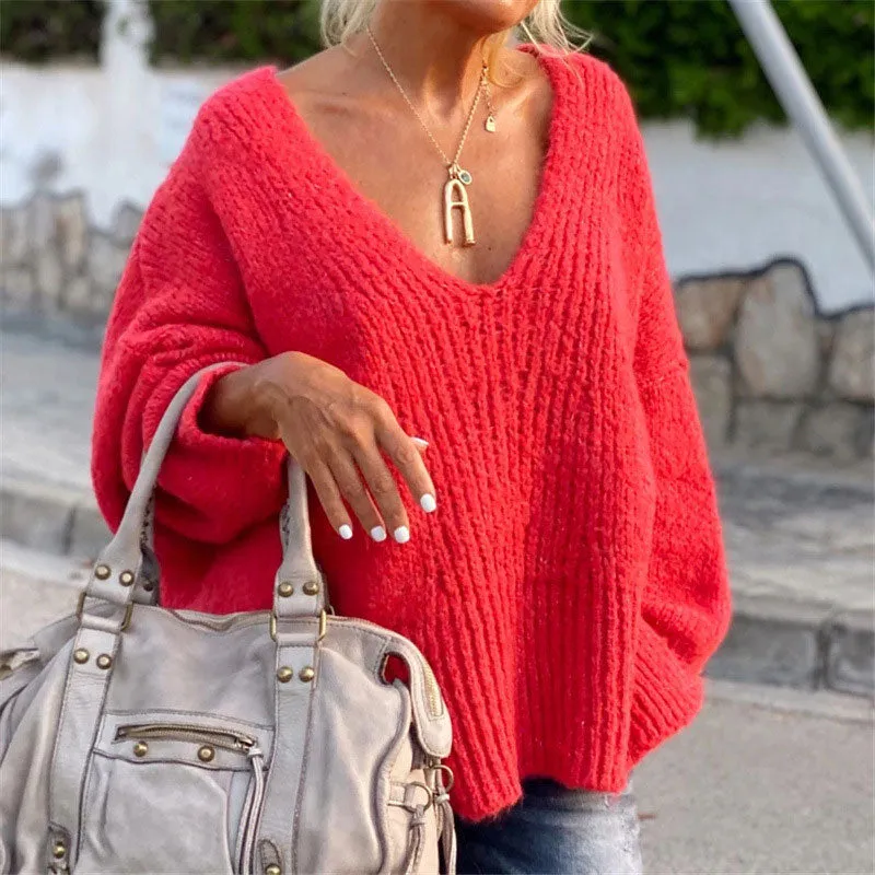 Vintage Style Oversized V Neck Split Side Pullover Knit Sweater