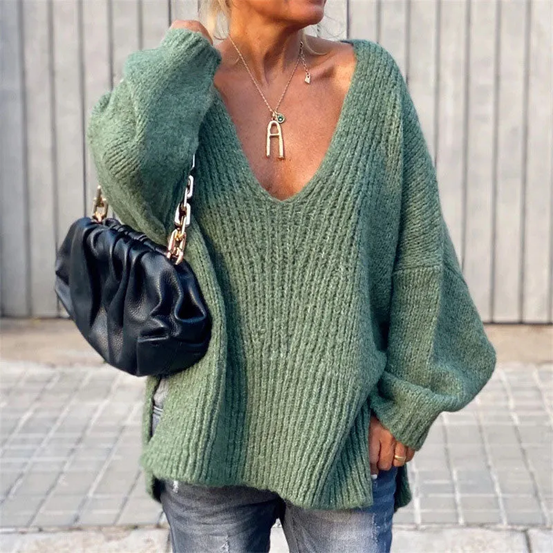 Vintage Style Oversized V Neck Split Side Pullover Knit Sweater