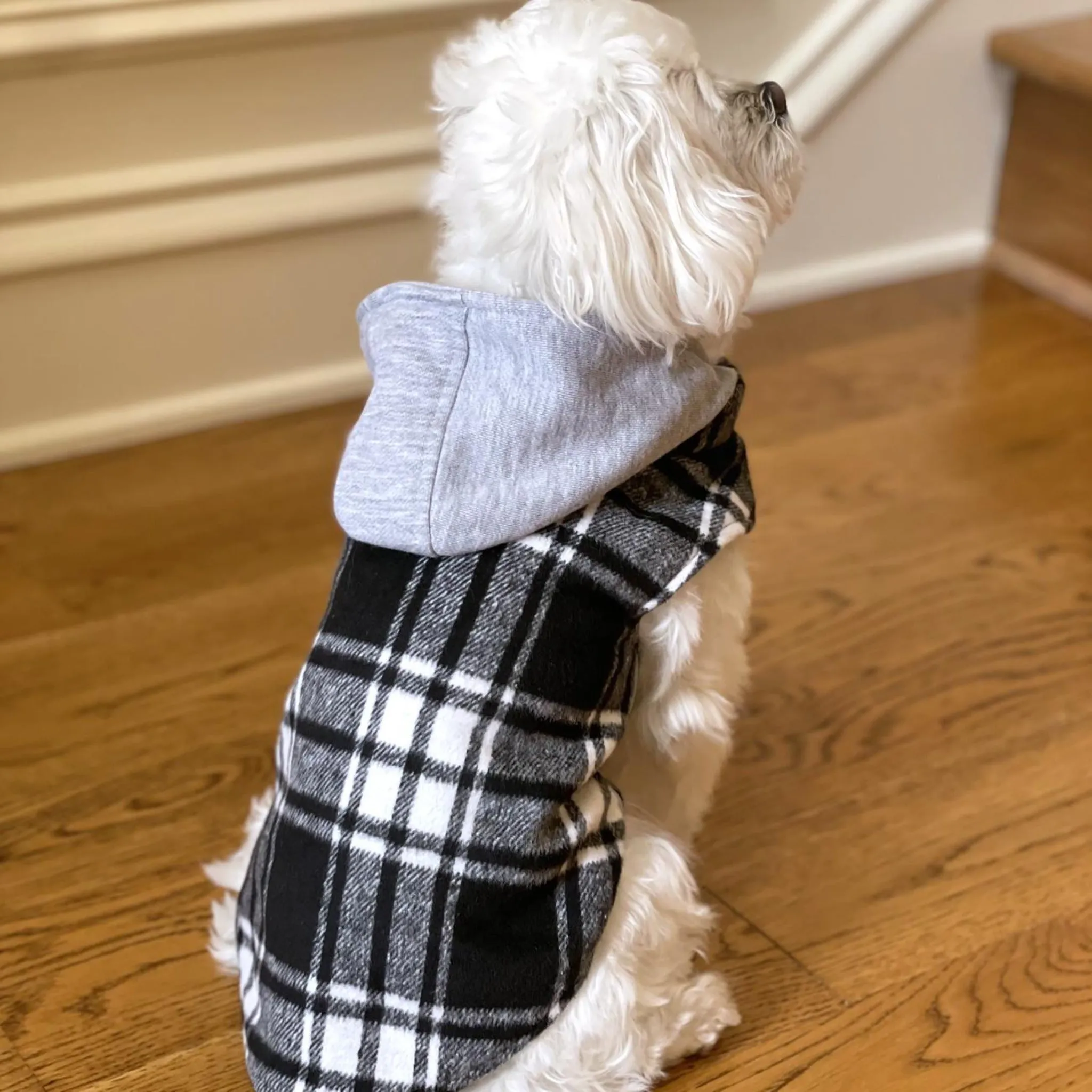 Weekender Dog Sweatshirt Hoodie - Black and White Plaid Flannel