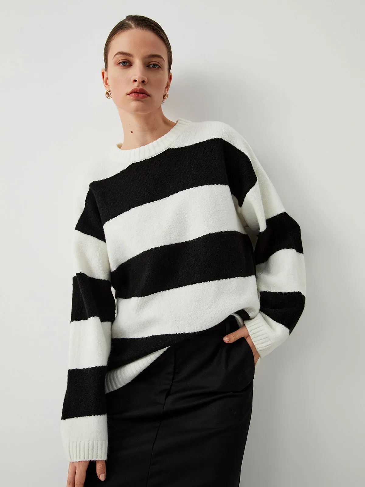 Wenkouban-Christmas Thanksgiving outfits_Contrast Color Striped Trendy Crew Neck Sweater