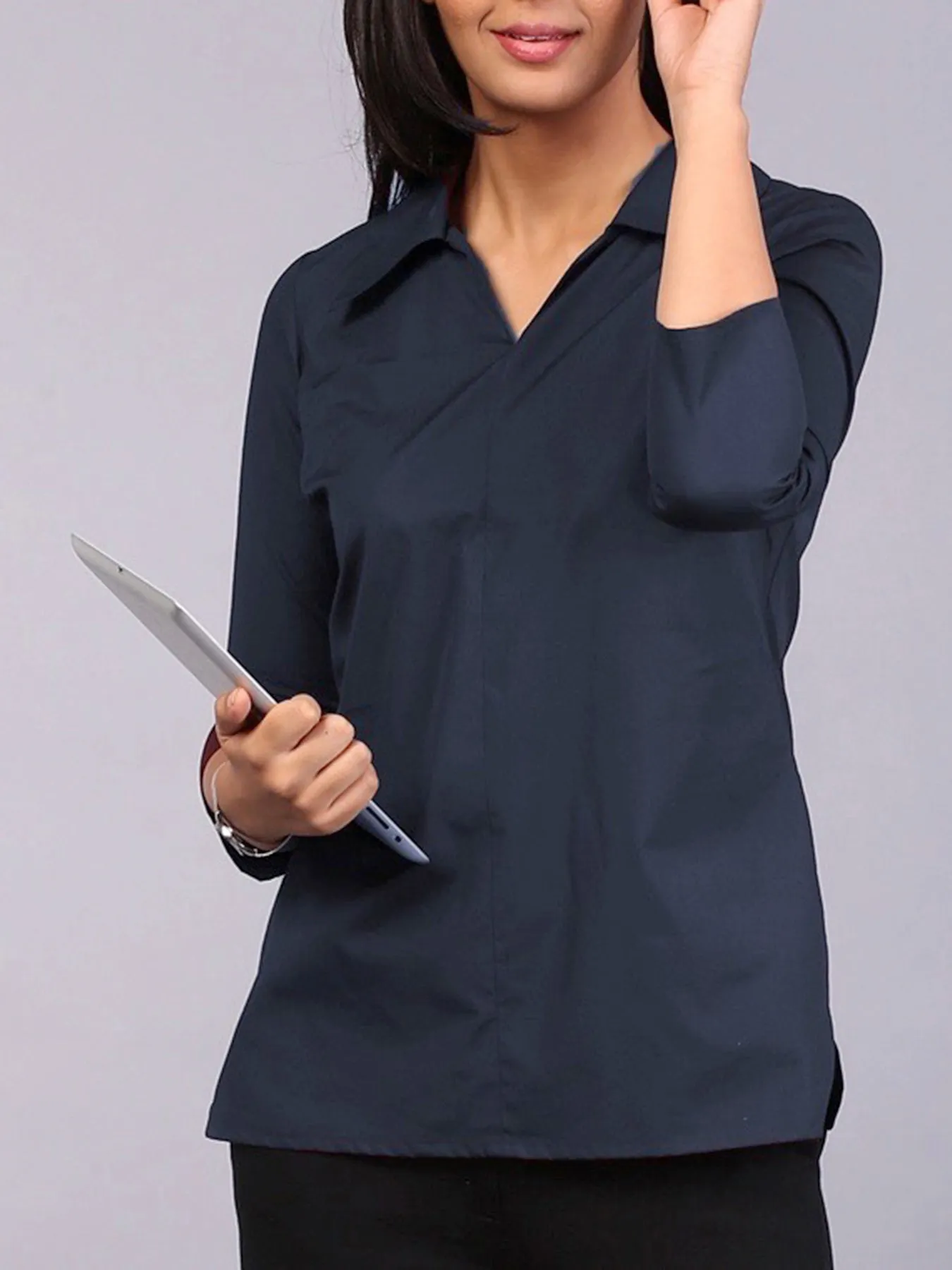 Wide Collar V-Neck Shirt - Navy