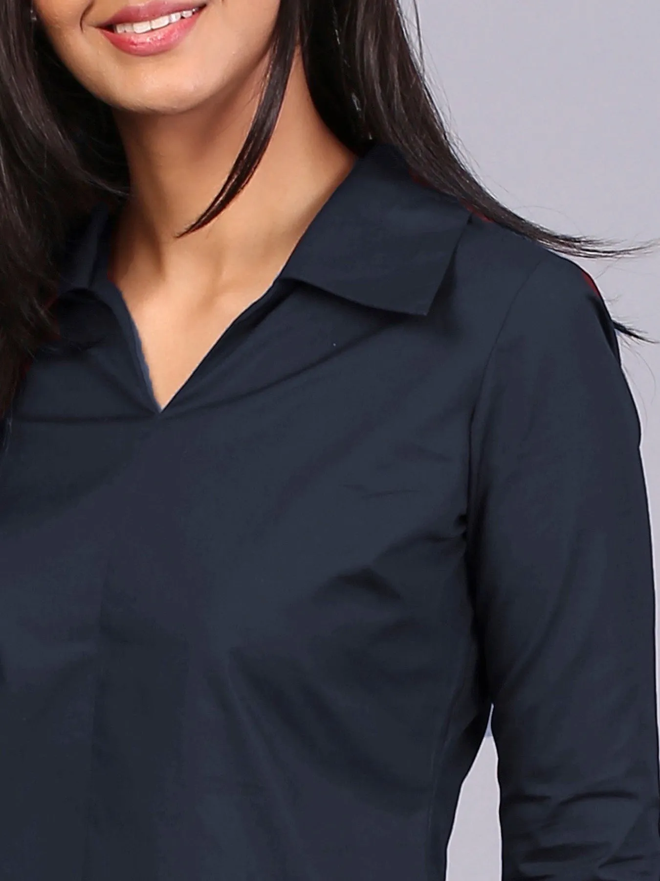 Wide Collar V-Neck Shirt - Navy