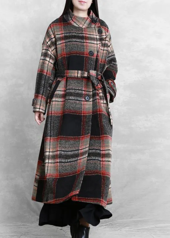 women casual long jackets  women coats black plaid tie waist asymmetric Woolen Coat