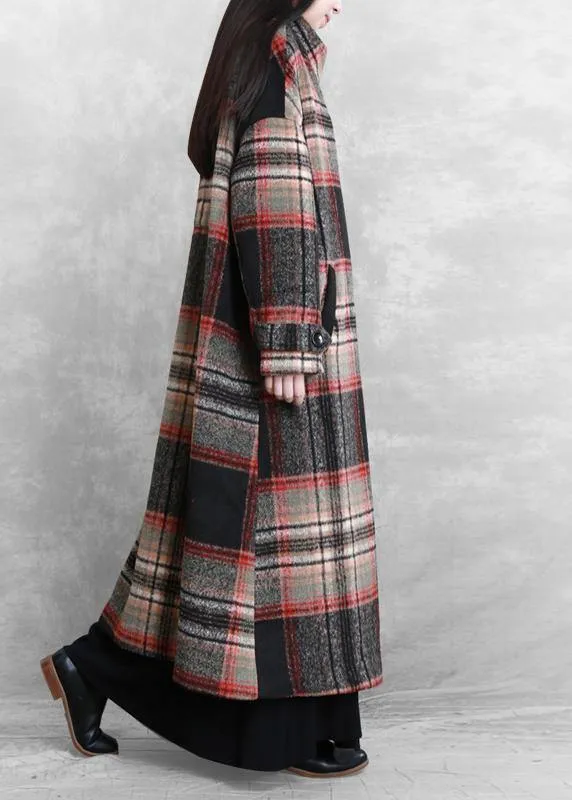 women casual long jackets  women coats black plaid tie waist asymmetric Woolen Coat