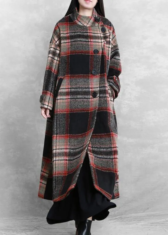 women casual long jackets  women coats black plaid tie waist asymmetric Woolen Coat