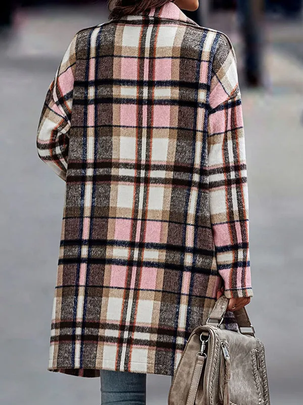 Women’s Button Front Plaid Print Long Blazer Coat