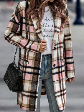 Women’s Button Front Plaid Print Long Blazer Coat