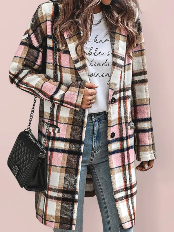 Women’s Button Front Plaid Print Long Blazer Coat