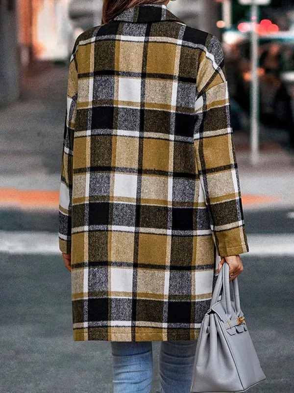 Women’s Button Front Plaid Print Long Blazer Coat