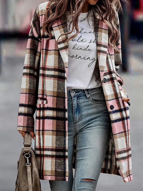 Women’s Button Front Plaid Print Long Blazer Coat